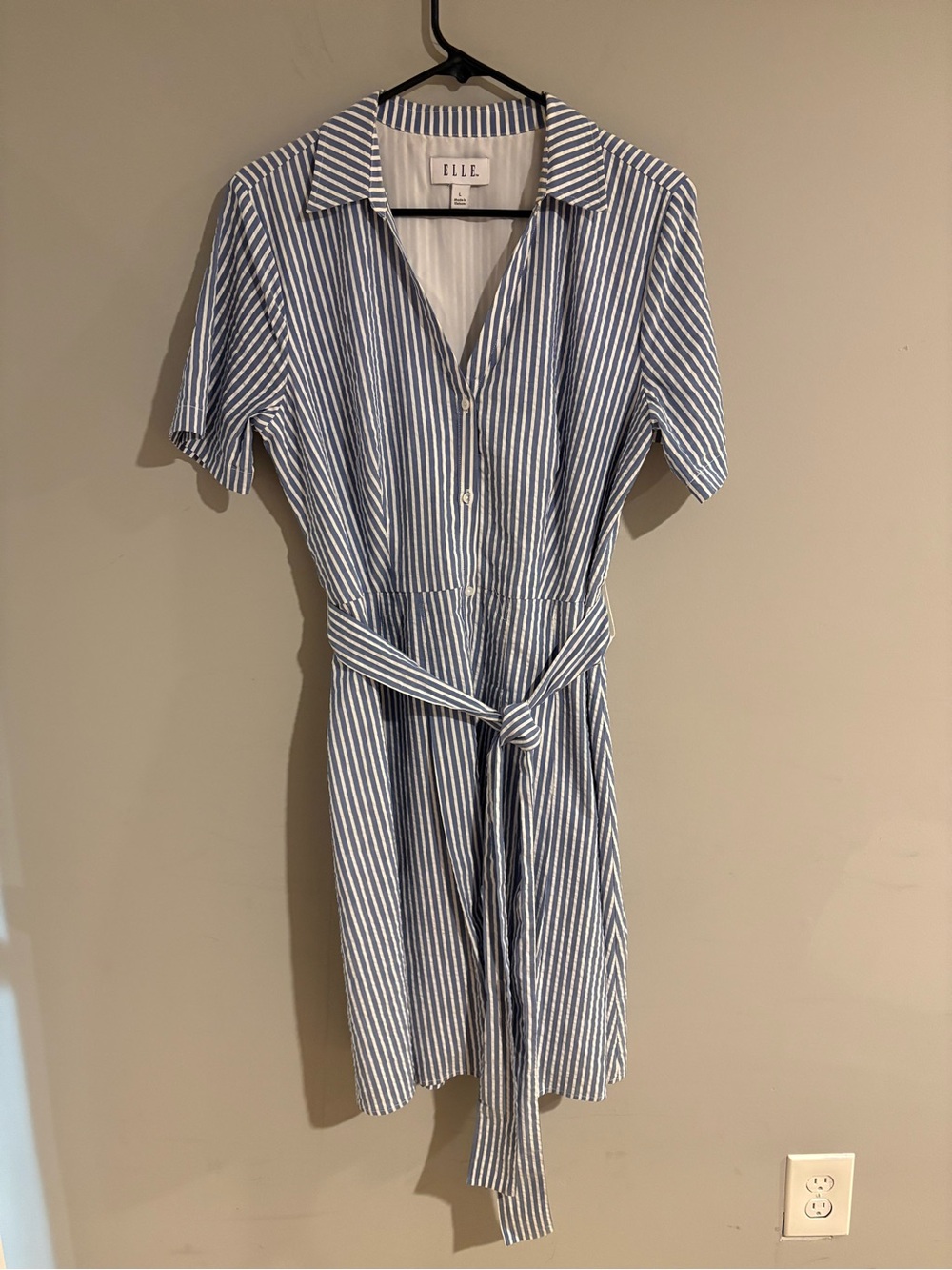 ELLE Blue White Striped Shirt Dress Women’s L Belted Fit & Flare